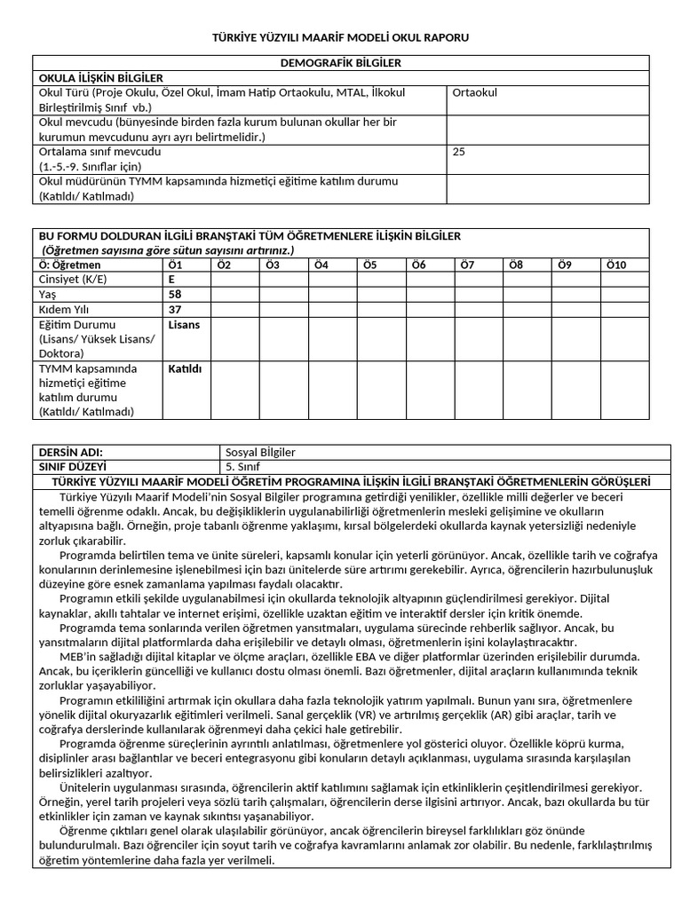 Ek-1. Turkiye Yuzyili Maarif Modeli Ders Raporu Formu | PDF