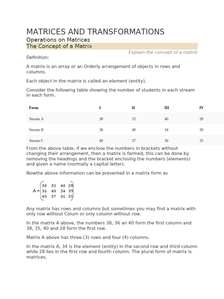f4 Notes Matrices and Transformations | PDF | Matrix (Mathematics ...