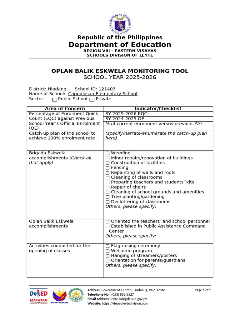 Oplan Balik Eskwela 2025-2026 Tool | PDF | Learning