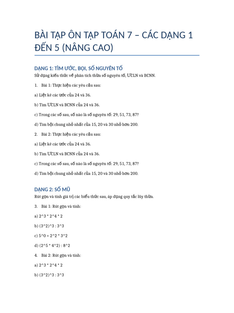 Bai Tap On Tap Toan 7 Dang 1 5 Nang Cao | PDF