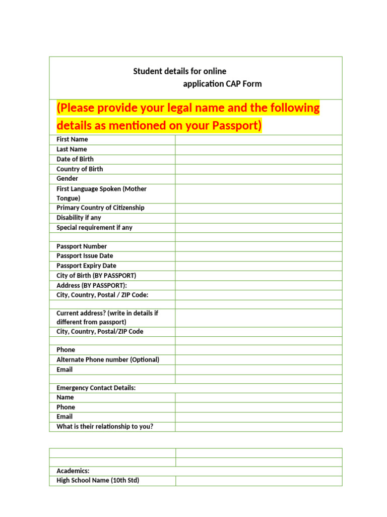 CAP Form Student Application Details | PDF | International English ...
