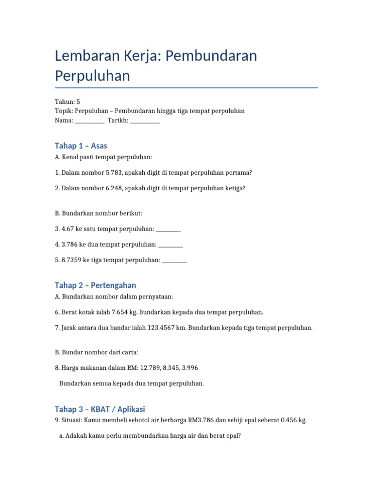 Lembaran Kerja Pembundaran Tahun5 | PDF
