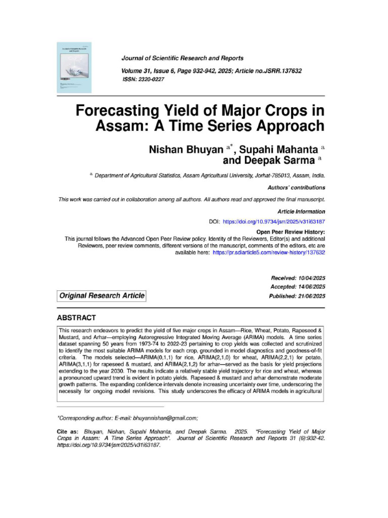 Forecasting Yield of Major Crops in Assam, A Time Series Approach | PDF