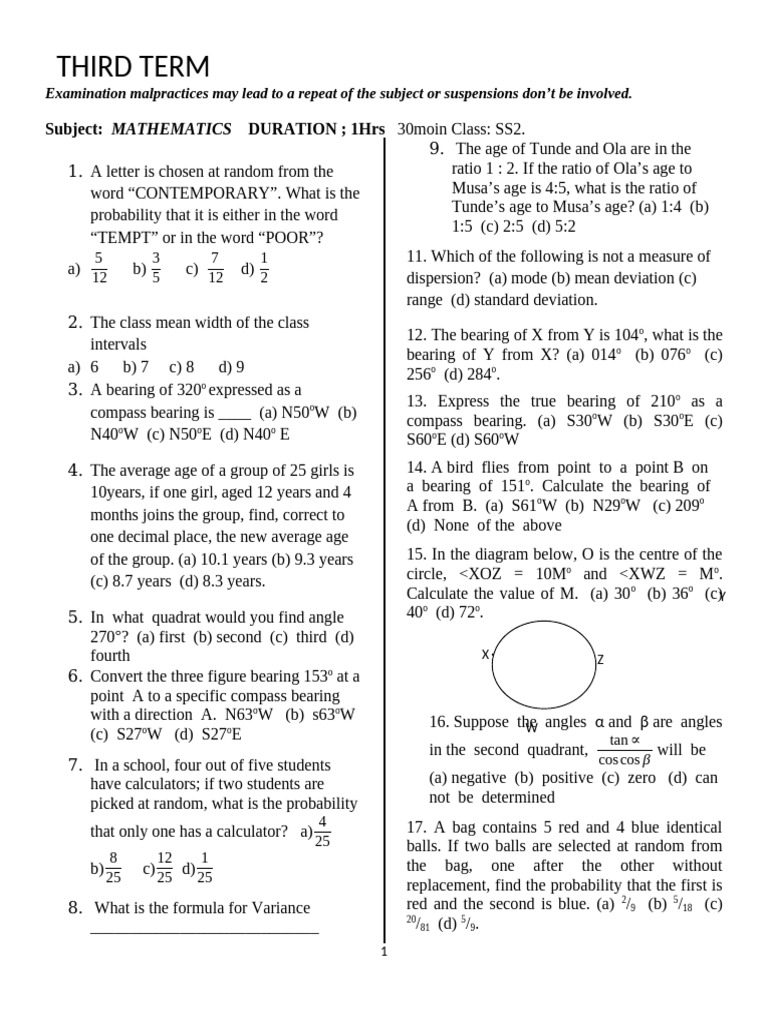SS2 Mathematics Third Term Exam Questions | PDF | Mathematics