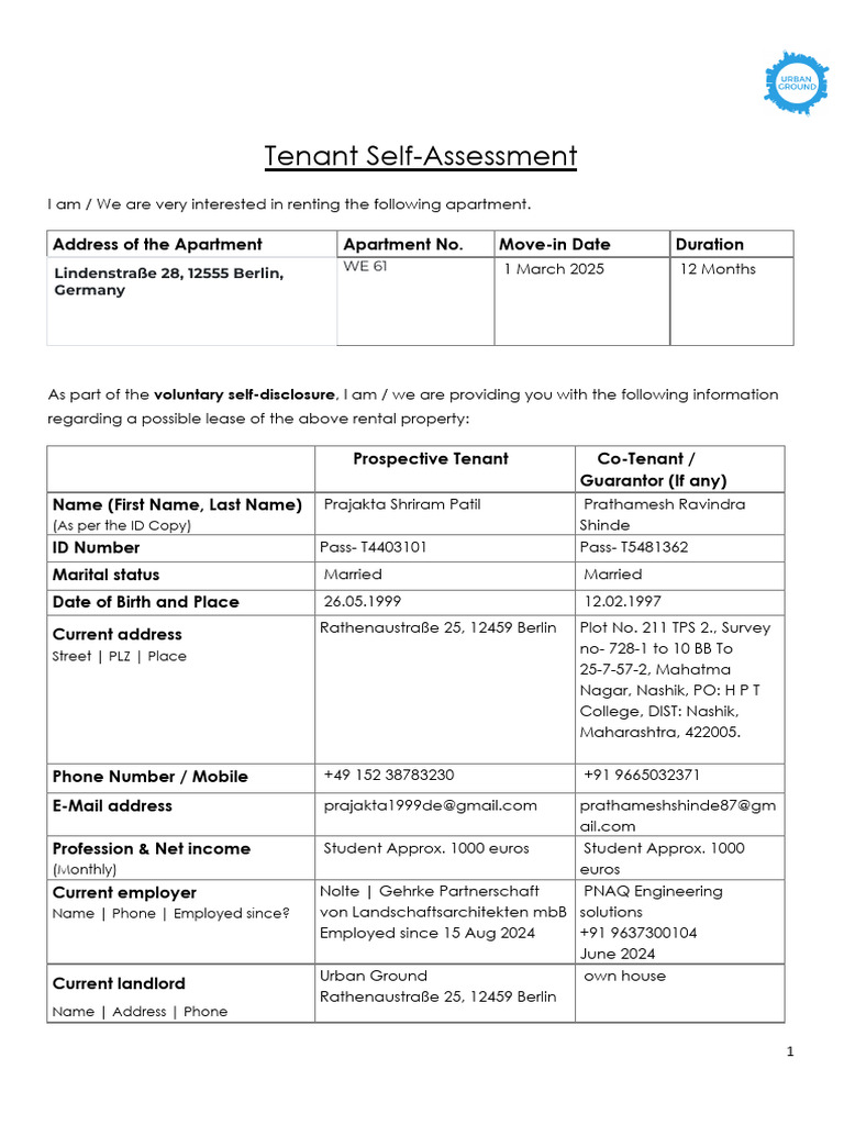 Tenant Self-Assessment Form for Rental | PDF | Leasehold Estate ...
