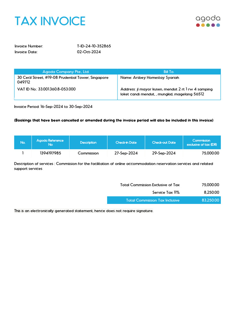 Agoda Tax Invoice for Homestay Services | PDF