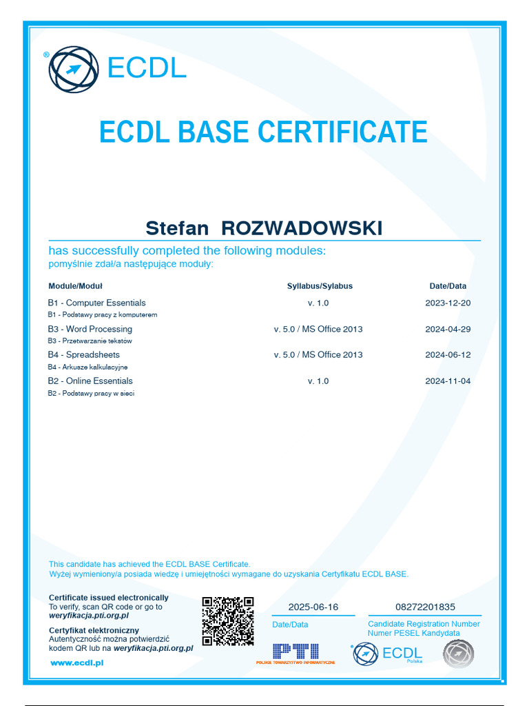 Ecdl Base Certificate: Stefan Rozwadowski | PDF