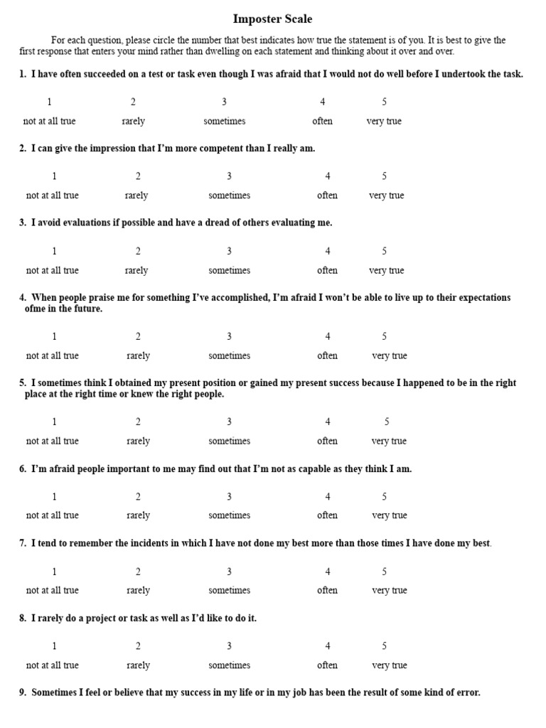 Imposter Syndrome Self-Assessment Scale | PDF | Social Psychology ...