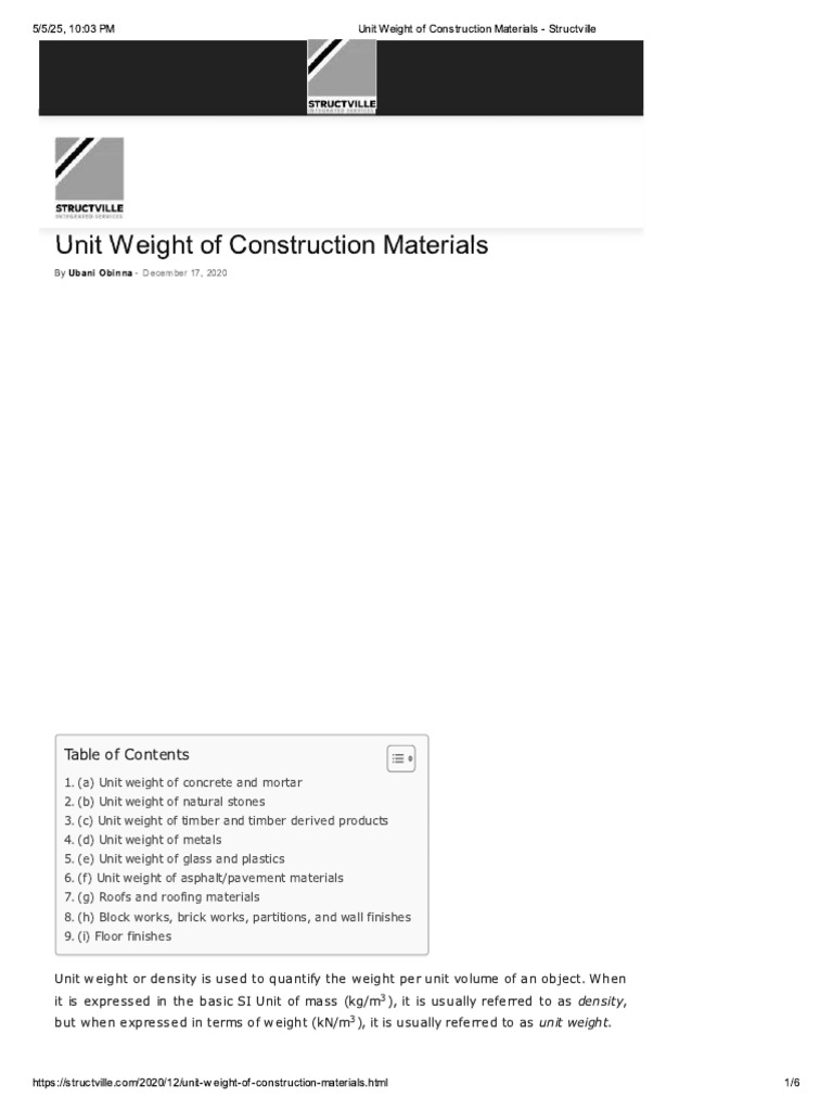Unit Weight of Construction Materials - Structville | PDF