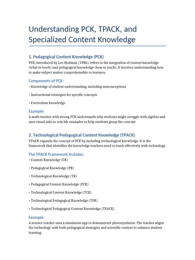 PCK, TPACK, and SCK Explained | PDF | Pedagogy | Intelligence