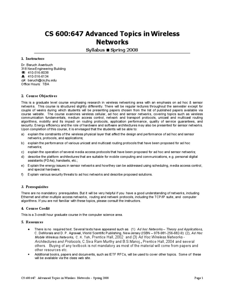 Syllabus PDF Wireless Ad Hoc Network Wireless Sensor Network
