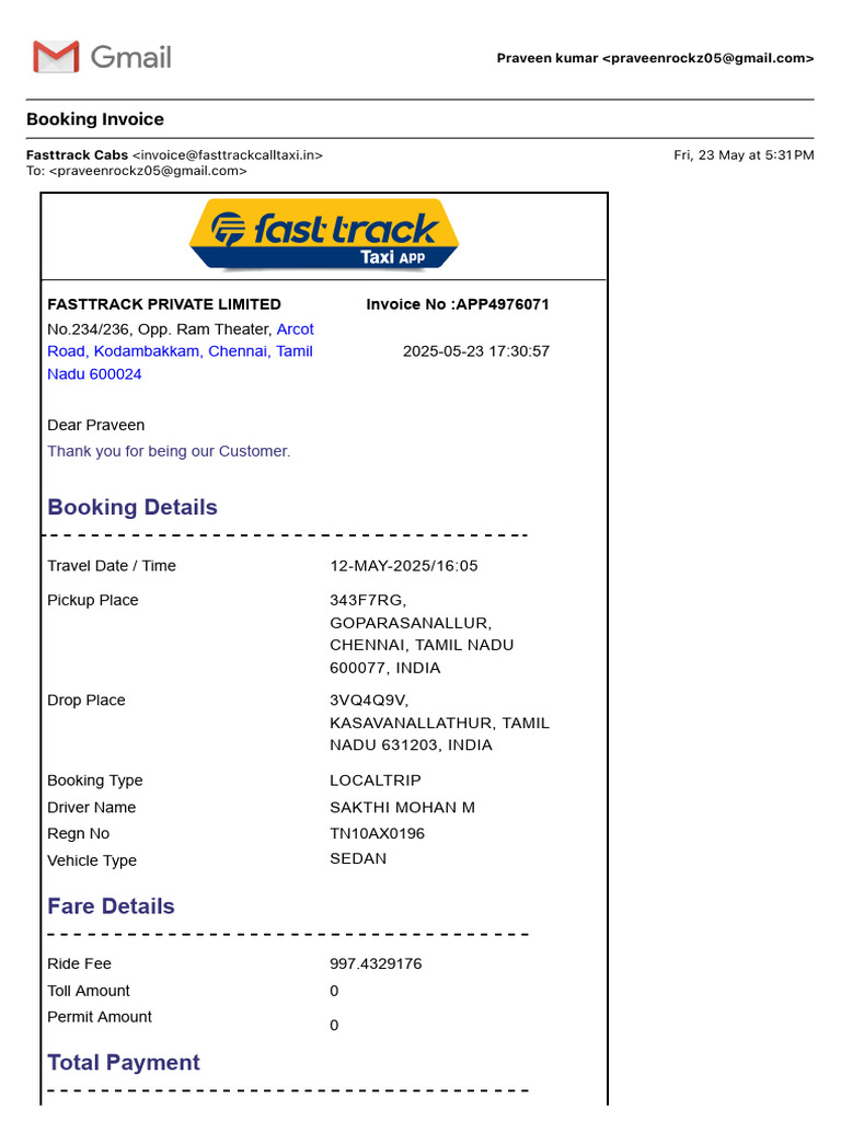 FastTrack Taxi Invoice for Local Trip | PDF