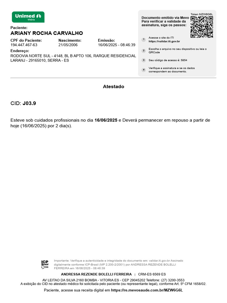 Atestado Médico: Repouso e CID J03.9 | PDF