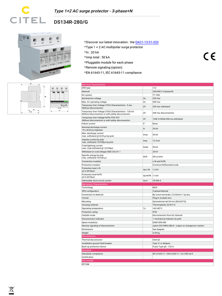 Citel 2CP Surge Protector DS134R-280/G | PDF | Alternating Current ...