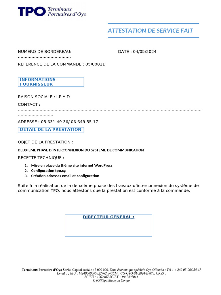 Attestation de service - Interconnexion TPO | PDF