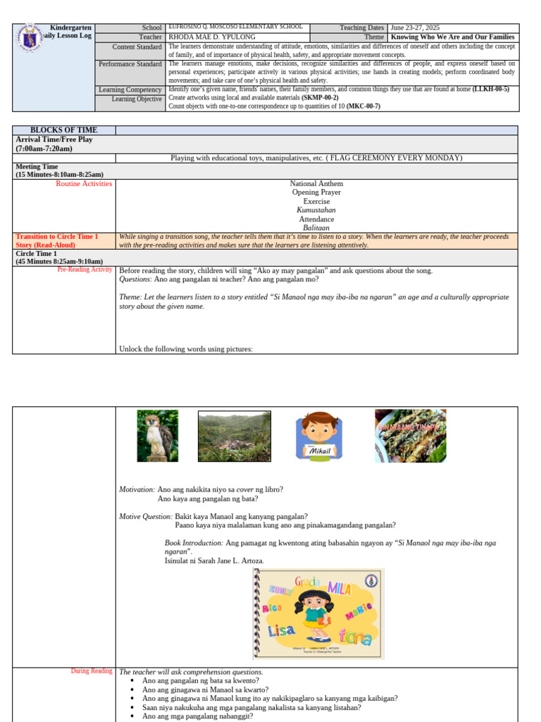Kindergarten Daily Lesson Plan: Week 1 | PDF