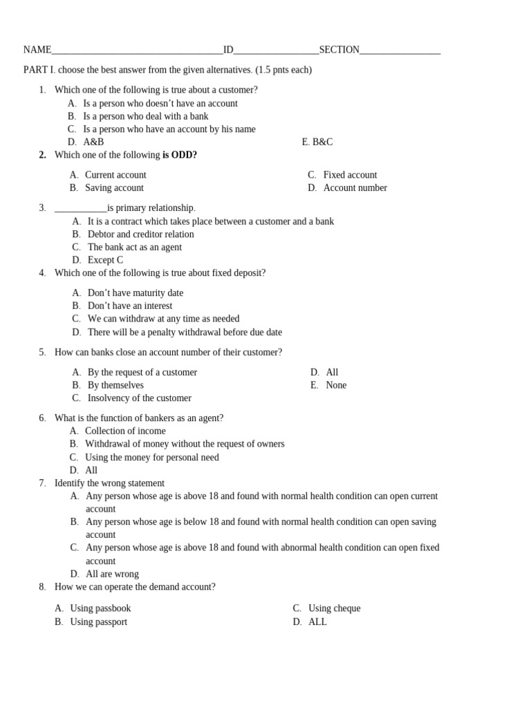 Banking Customer Knowledge Quiz | PDF | Banks | Cheque