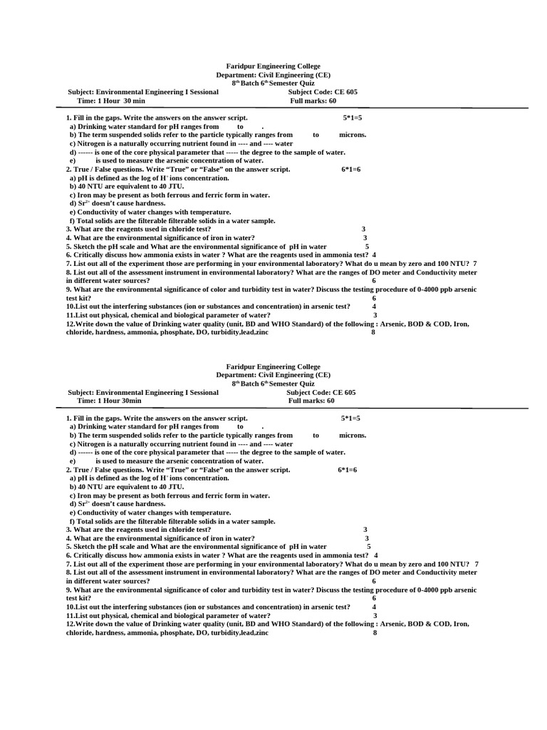 Environmental Engineering Quiz CE 605 | PDF | Ph | Environmental ...