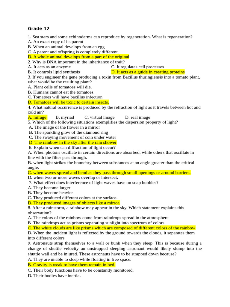 Grade 12 Science Exam Questions | PDF | Rainbow | Light