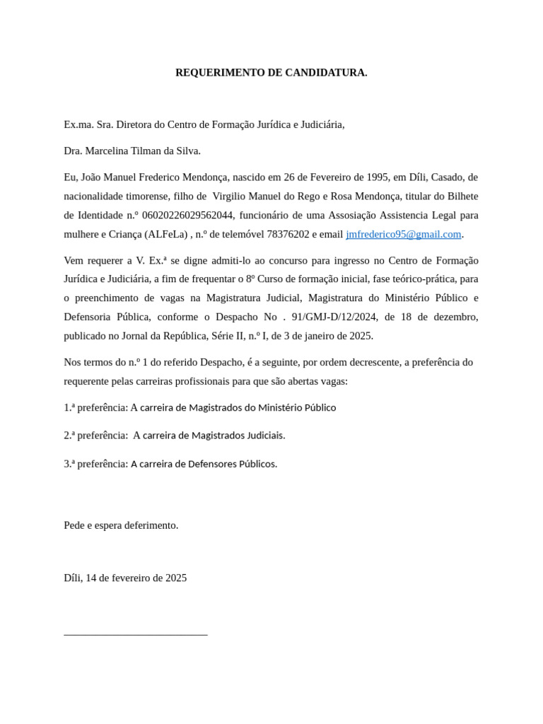 Requerimento para Curso de Formação Jurídica | PDF