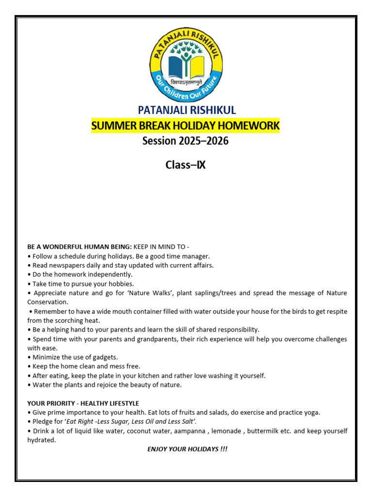 Grade 9 Summer Holiday Homework | PDF