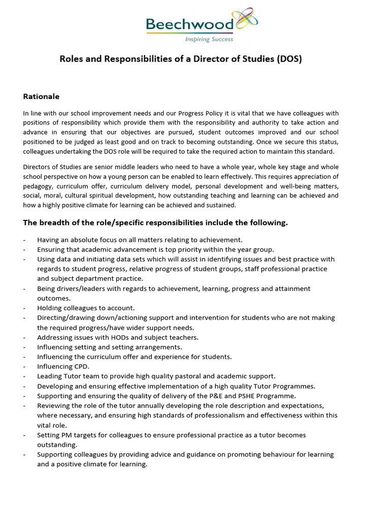 Director of Studies Roles and Duties | PDF | Curriculum | Teachers