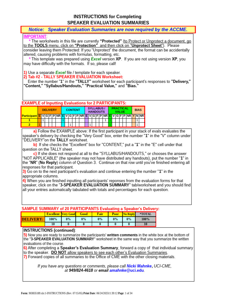 Speaker Evaluation Summary Instructions | PDF | Worksheet | Microsoft Excel
