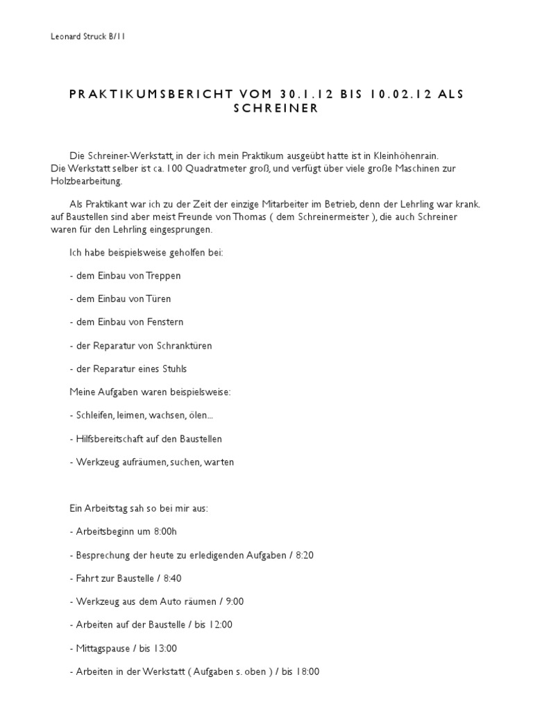 Praktikumsbericht Schreinerei Pdf