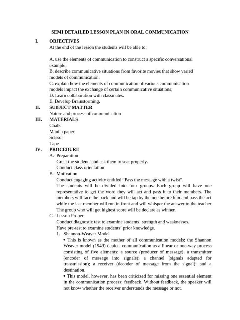 Oral Communication Lesson Plan | PDF | Communication | Learning