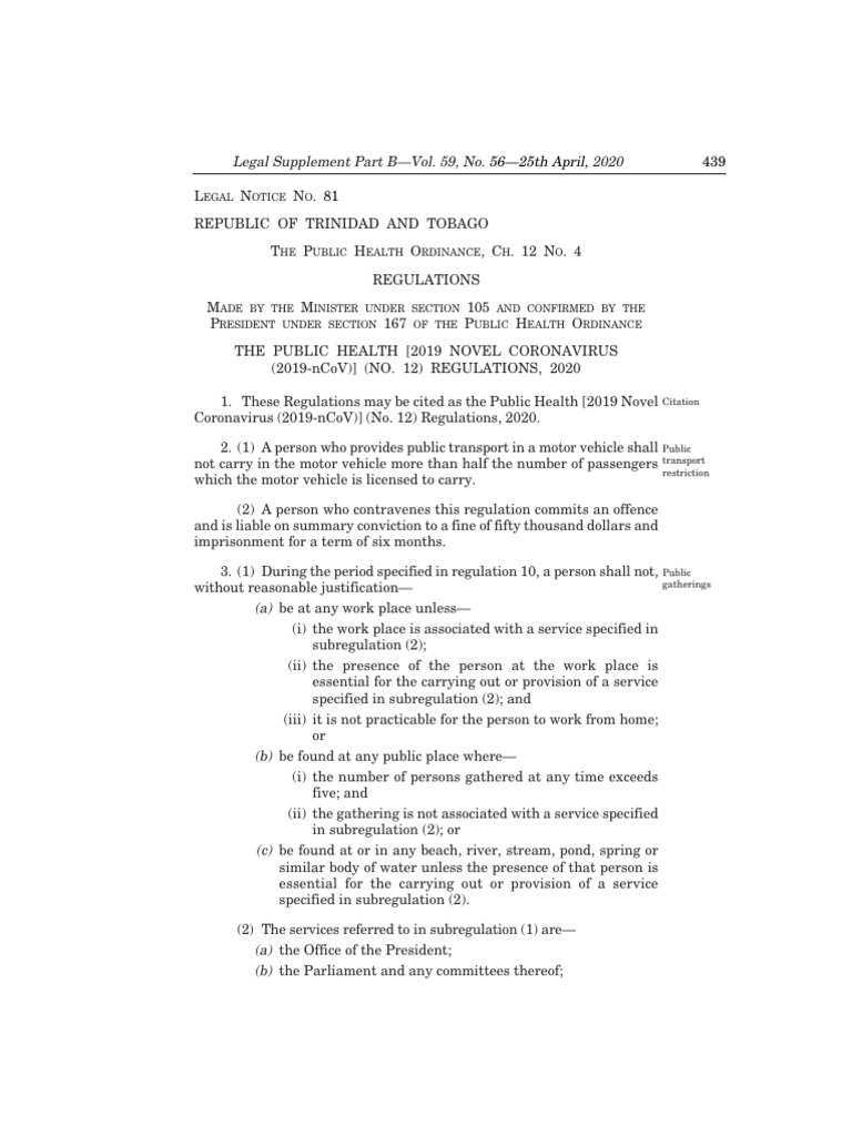 Trinidad COVID-19 Public Health Regulations | PDF | Natural Gas ...