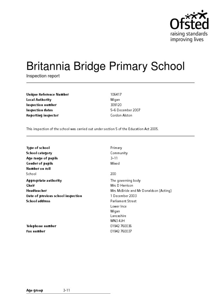 Britannia Bridge Primary School: Inspection Report | PDF | Curriculum ...