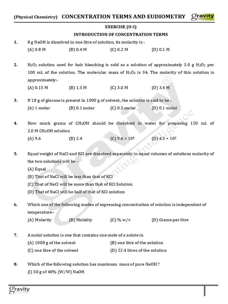Molarity and Concentration Calculations | PDF | Mass Concentration ...