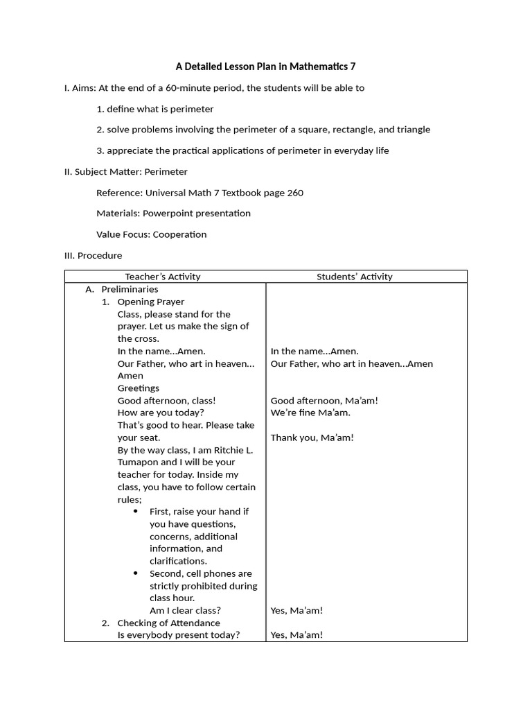Mathematics 7 Lesson Plan: Perimeter | PDF | Area | Length