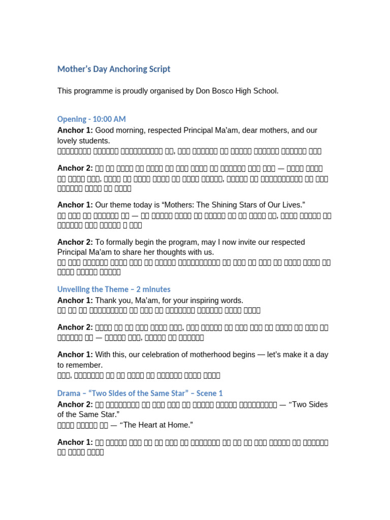Mothers Day Anchoring Script Don Bosco | PDF