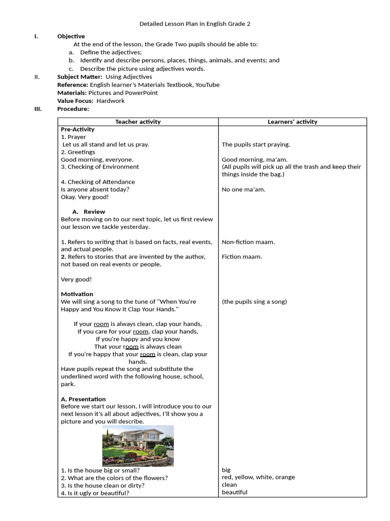9Detailed Lesson Plan in English Grade 2 | PDF | Adjective | Syntax