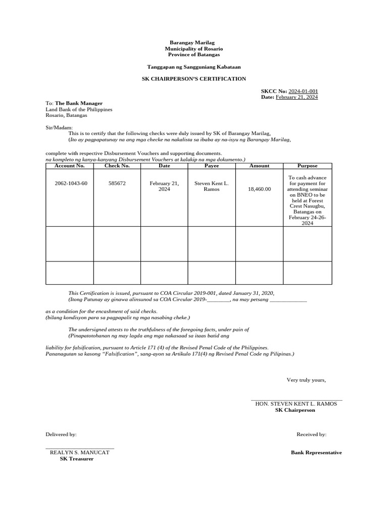 SK Chairperson Certification - Barangay Marilag | PDF | Money | Payments