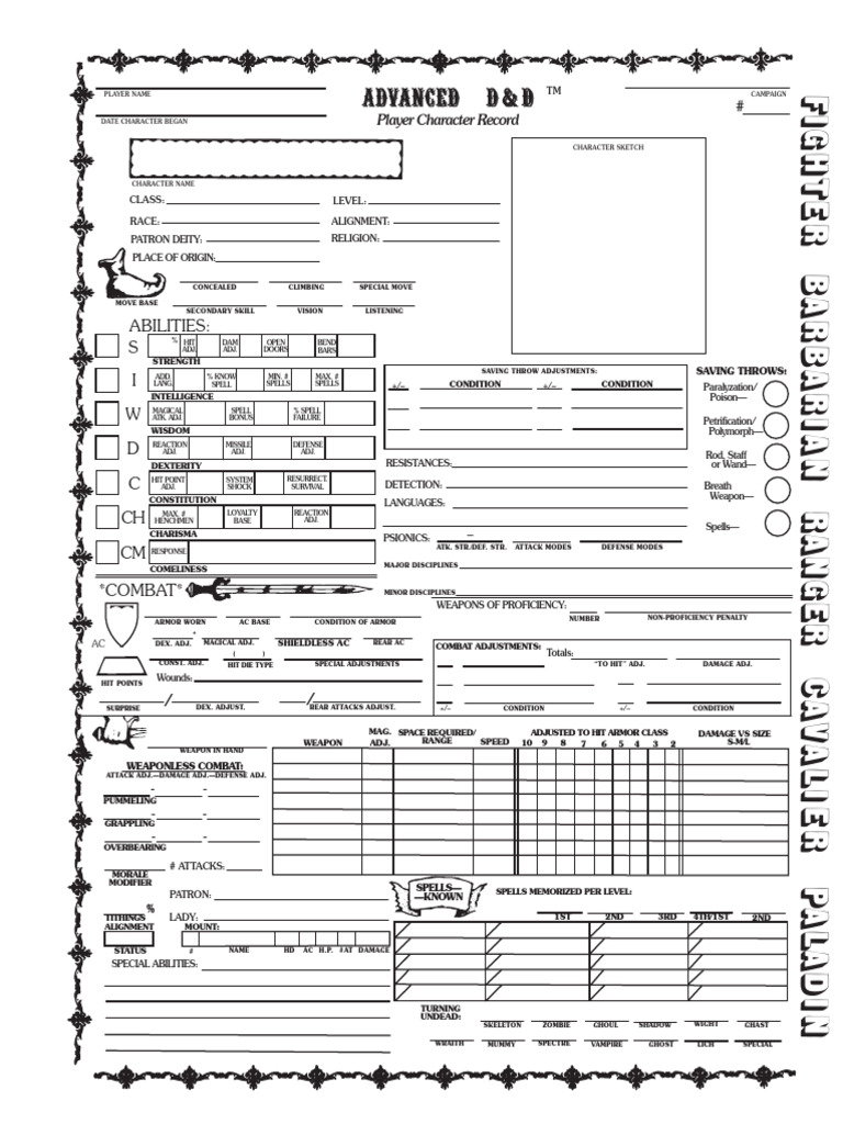 D&D 1e - Advanced - Character Record Sheet - Fighter, Barbarian, Ranger ...