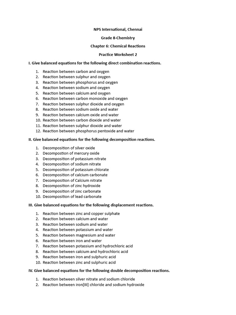 Grade 8 Chemistry: Chemical Reactions Worksheet | PDF | Chemical ...