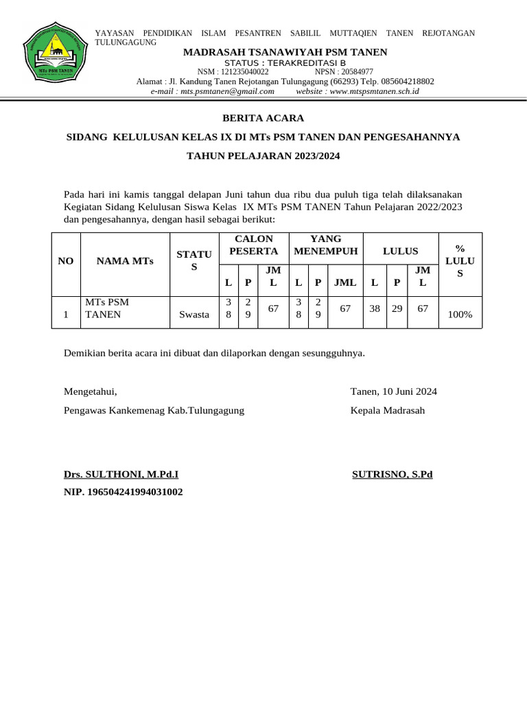 Sidang Kelulusan MTs PSM Tanen 2023 | PDF