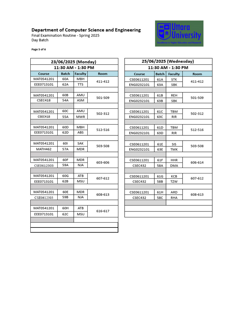 Final Term Examination Spring 2025 Routine Day (23-06-25 & 25-06-25 ...