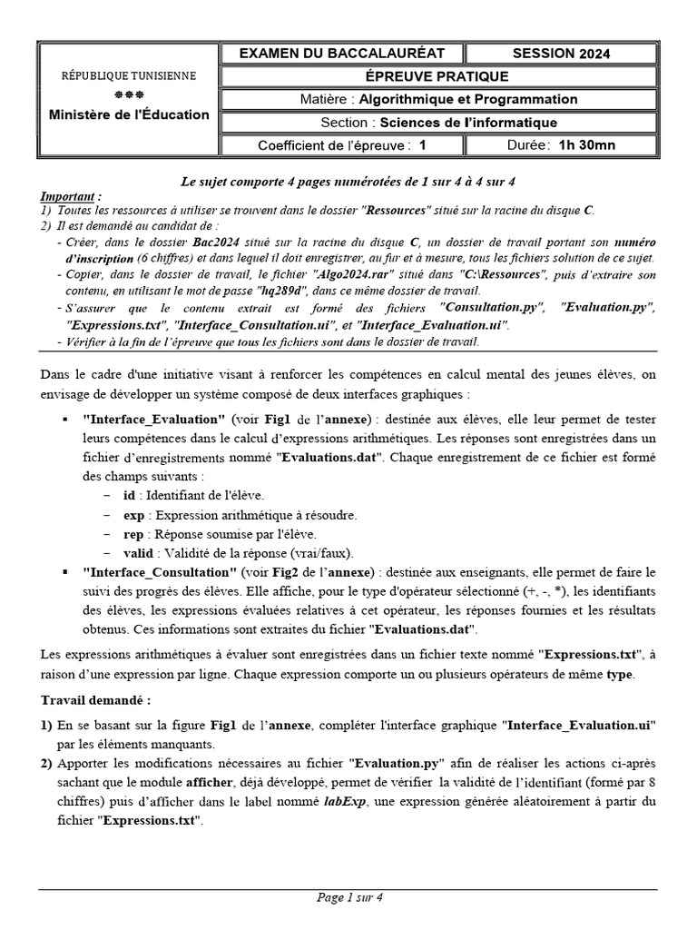 Épreuve d'Algorithmique Bac 2024 | PDF | Interface graphique | Fichier ...