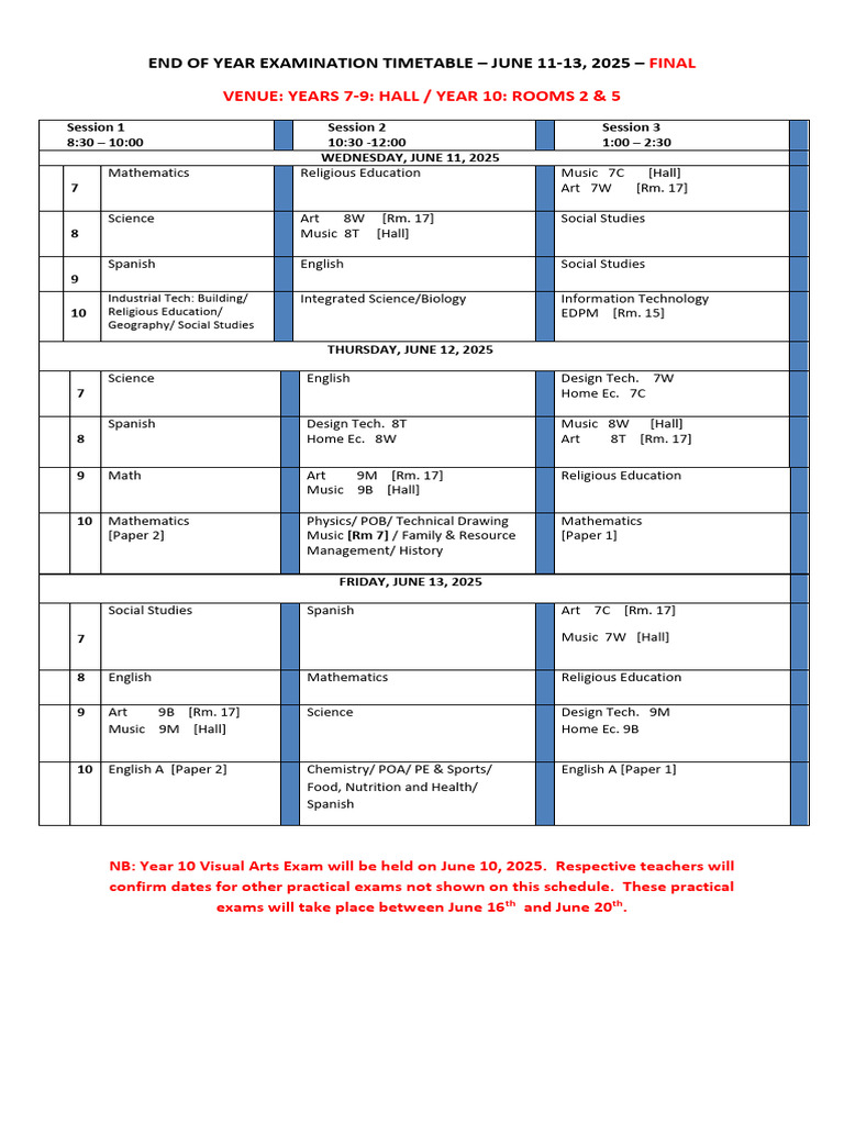2025 End of Year Exam Timetable | PDF | Science