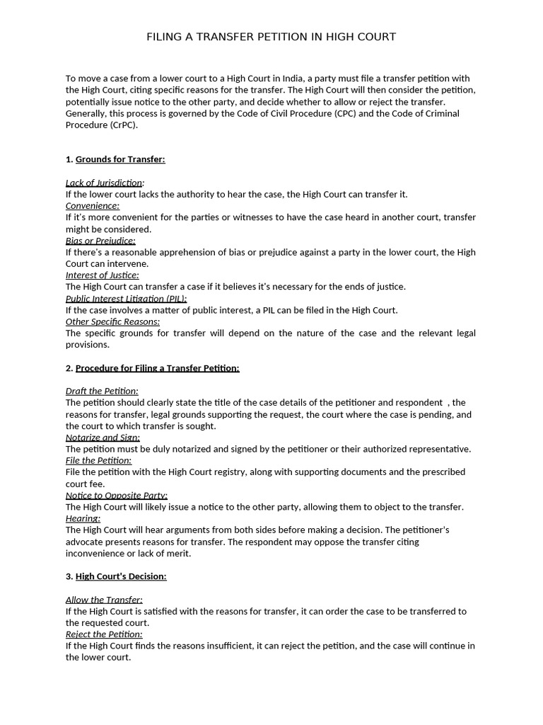 Transfer Petition Process in High Court | PDF | Lawsuit | Political Law