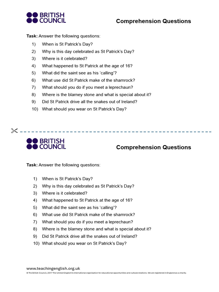 St Patrick's Day Comprehension Questions | PDF