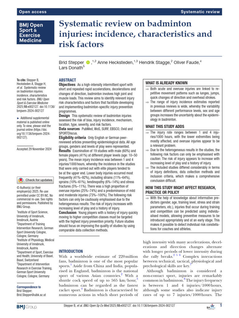 Badminton Injury Risk Factors Review | PDF | Systematic Review ...