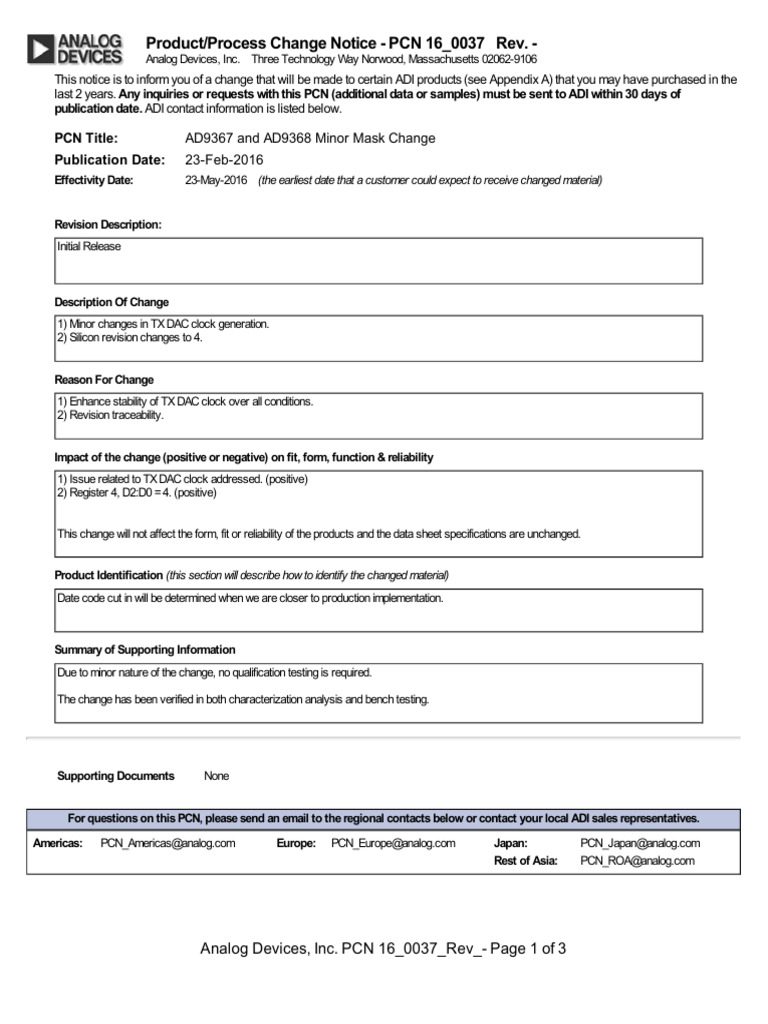 AD9368 Minor Mask Change Notice | PDF