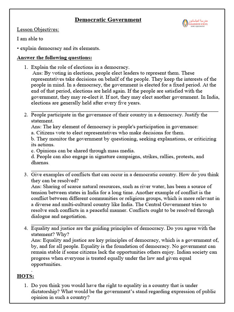Democratic Government: Answer The Following Questions | PDF | Democracy ...