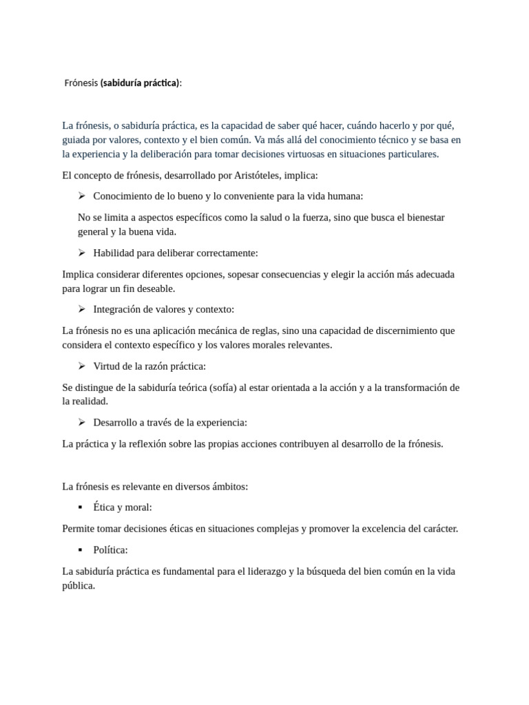 Frónesis: Sabiduría Práctica y Ética | PDF | Sabiduría