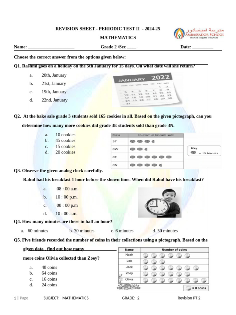 Grade 2 Mathematics Revision Sheet | PDF