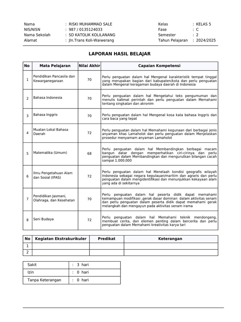 Laporan Hasil Belajar Riski Sale | PDF